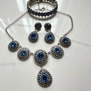 Silver and Blue Necklace, Bracelet and Earrings Set with  Gemstone Pendants